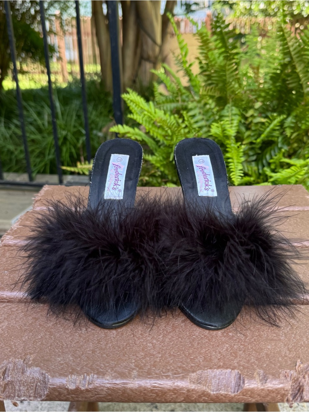 Frederick's of Hollywood Black Feather Slide Heels - Picture 3 of 5